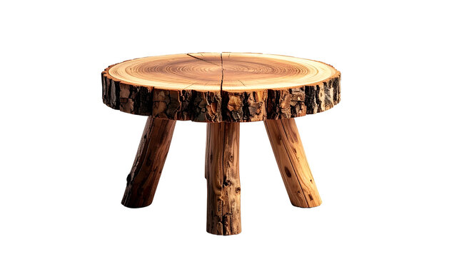 Rustic, three-legged wooden stool made from a tree trunk slice, on a black background
