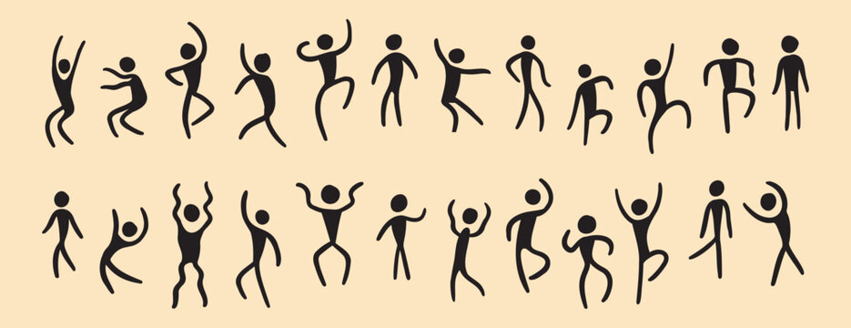 people figures african tribe hand drawn dancing people silhouette. primitive naive style of art. set of doodle people move.