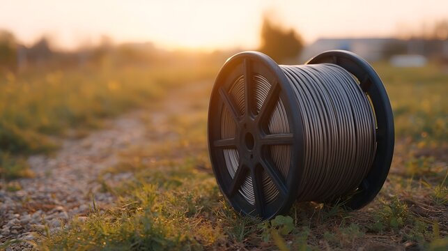 A large spool of wire rests on the grass during a warm golden hour sunset