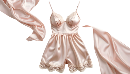 A light pink satin romper with spaghetti straps and lace trim, fabric flowing gracefully