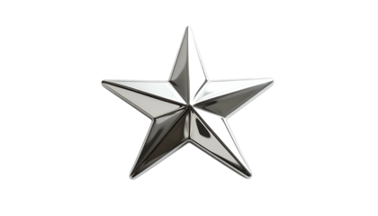 Shiny, five-pointed metallic star, rendered in silver against a stark, black background
