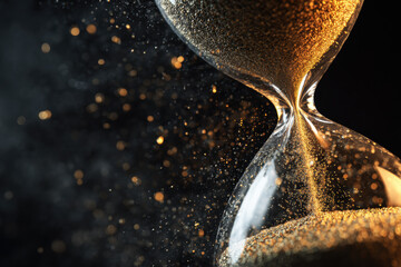 Close-up of a golden hourglass with sand streaming down, dark black background, powerful time passing metaphor