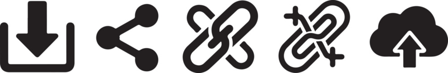 Black vector graphic illustrations of download upload and link icons