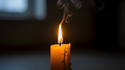 A candle flame burns in a dark space, symbolizing remembrance and respect for the victims, with smoke rising into the air