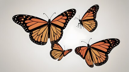 Fototapeta premium Four monarch butterflies flying in an abstract setting
