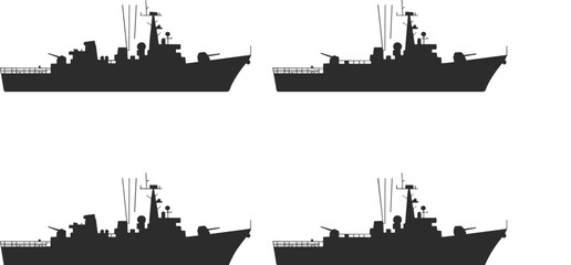 Military naval warship silhouettes collection in black, modern combat ship profiles set for defense, maritime security, navy fleet, and vector design use © Mst