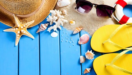 Vibrant collection of summer beach essentials, including a straw hat, flip-flops, and starfish, artfully arranged on weathered blue wooden planks with fine golden sand, perfect for a tropical getaway