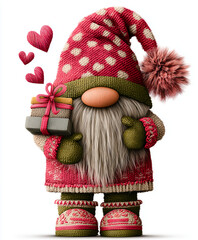 Pink and green knitted Valentine gnome holding a gift box with hearts floating in the air on white for St. Valentine's day 