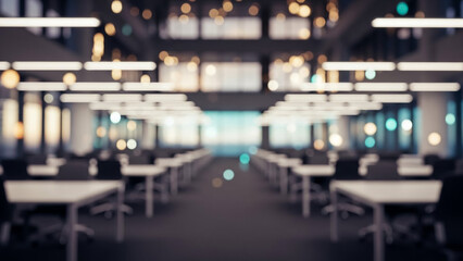 A blurred view of a modern office space with rows of white desks and chairs
