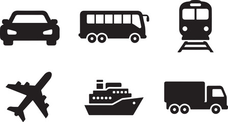 Various transportation modes and vehicles in black silhouette on white background