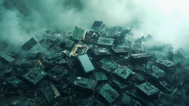 Electronic waste. Environment ecosystem pollution. Recycling. Aerial view of a sprawling cityscape amidst a misty atmosphere, with skyscrapers and electronic devices strewn about.