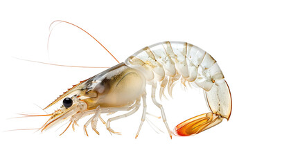 A close-up of a raw, uncooked shrimp with translucent shell against a black backdrop