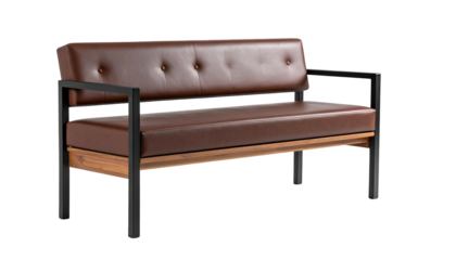 A modern loveseat with brown leather cushions, wood base, and black metal frame on a black background
