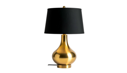 A gold-toned, curvy table lamp with a black shade against a black backdrop