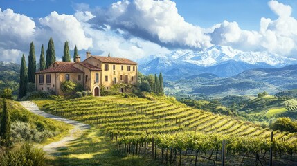 Tuscan Villa Vineyard Mountain Landscape, Sunny Day