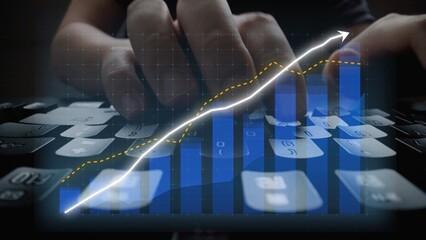 Close-up of hands typing on a keyboard, illustrated with a graph overlay that symbolizes business growth and data analysis in a digital environment. Copula