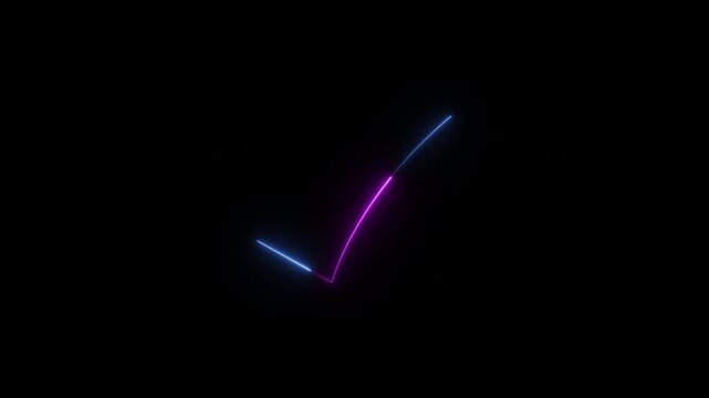 Neon glowing checkmark icon animated on black background. Neon tik mark icon on the black background. 4k