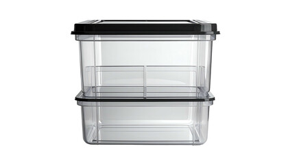 Two clear, rectangular food containers, stacked, black lids, interior compartments