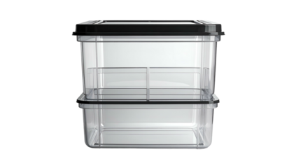 Two clear, rectangular food containers, stacked, black lids, interior compartments