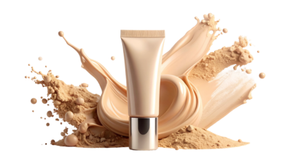 A neutral-toned tube of makeup product surrounded by a creamy splash and loose powder