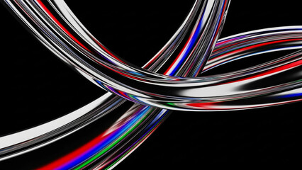 A vibrant abstract image of colorful metallic ribbons intertwined on a black background