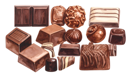 Assorted dark chocolates of various shapes and textures, artfully depicted