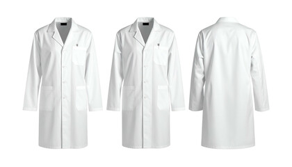 Three views of a white lab coat front, side, and back