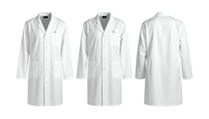 Three views of a white lab coat front, side, and back