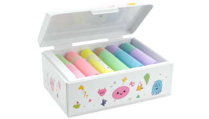 Pastel highlighter set in a decorated white box with lid open, arranged for presentation