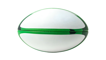 A close-up studio shot of a rugby ball with white panels and green detailing
