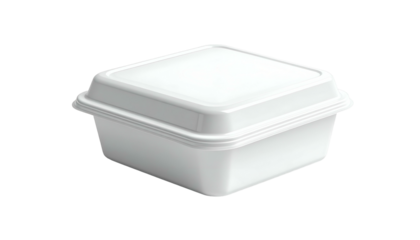 A white, square, hinged food container against a black background