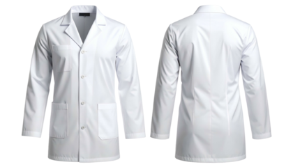 Front & back view of a white lab coat with buttons, pockets, long sleeves, and a collar