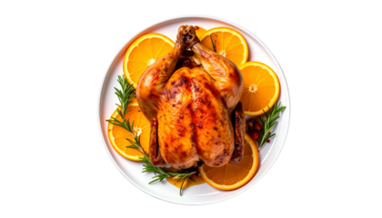 Roasted whole bird with oranges and rosemary on a white plate