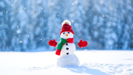Happy Snowman Wearing a Red Hat and Scarf in a Snowy Winter Wonderland
