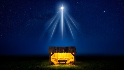 Shining star above a rustic manger on a peaceful clear night, symbolizing hope and the birth of a sacred event under the celestial glow of a guiding light for humanity