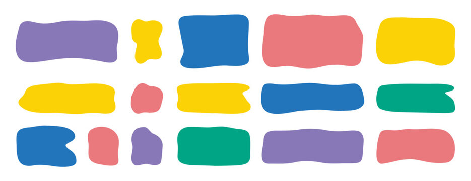 Hand drawn doodle organic colorful rectangle frame set. Abstract liquid shapes. freehand flat blobs. Irregular empty text box.