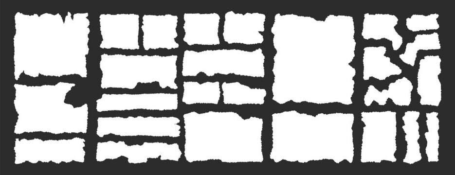 Torn paper pieces frame set. Torn paper with jagged edges. Ripped rectangular shape silhouette collection. Textured grunge elements collage, text box, poster, banner