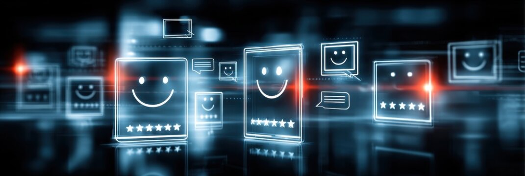 Friendly digital feedback concept smiling customer rating experience on smartphone with star ratings smiley icons and chat bubbles
