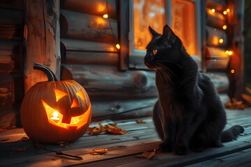 Halloween scene with black cat and jack o'lantern on rustic wooden porch