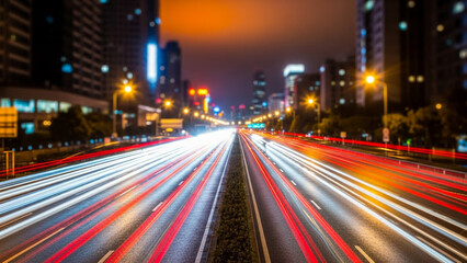 Obraz premium A bustling city highway at night with vibrant light trails and skyscrapers in the background