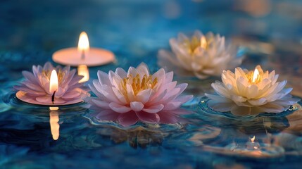 Softly glowing lotus flowers with candles drift on tranquil water, creating a peaceful scene filled with light and color during the evening.