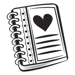 Black and white illustration of a romantic spiral bound notebook featuring a large heart design and decorative heart trim symbolizing love and journaling.