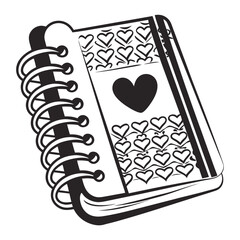 Black and white spiral notebook illustration featuring a cover decorated with various stylized hearts perfect for journaling or creative expression