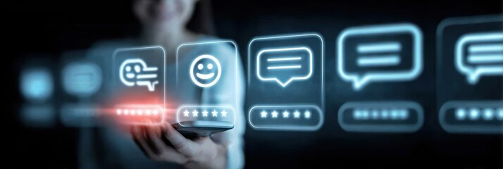 Customer satisfaction moment smiling user interacting with smartphone feedback system showing star ratings smiley face and chat bubbles UX concept