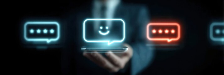 Customer satisfaction moment smiling user interacting with smartphone feedback system showing star ratings smiley face and chat bubbles UX concept