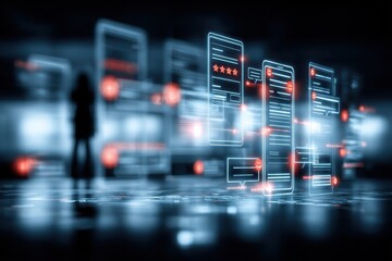 User experience success scene happy customer interacting with smartphone feedback UI with smiley symbols star ratings and chat bubbles