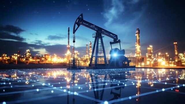 Oil pump jack operating at night with industrial refinery in background.