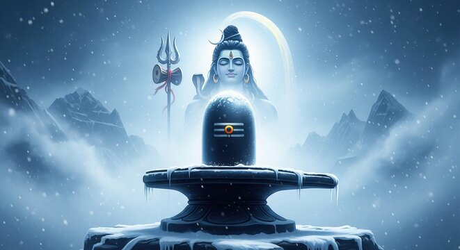 Lord Shiva Emerging in Snow Mist Behind Shivling &ndash; Sacred Calm Power