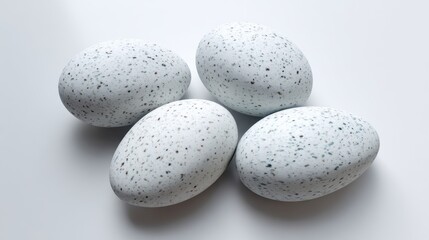 Four speckled eggs are neatly placed on a clean white surface. Their light color and distinctive patterns create an interesting visual appeal. This simple arrangement highlights their beauty.