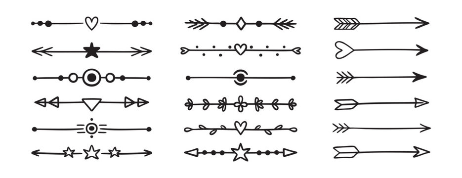 arrow bow doodle sketch scribble direction set heart, arrow, highlight underline text. Cute underlines border